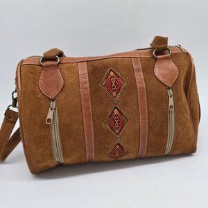 Vintage Brown Suede Satchel Embroidered Details & Multiple Zipper Pockets